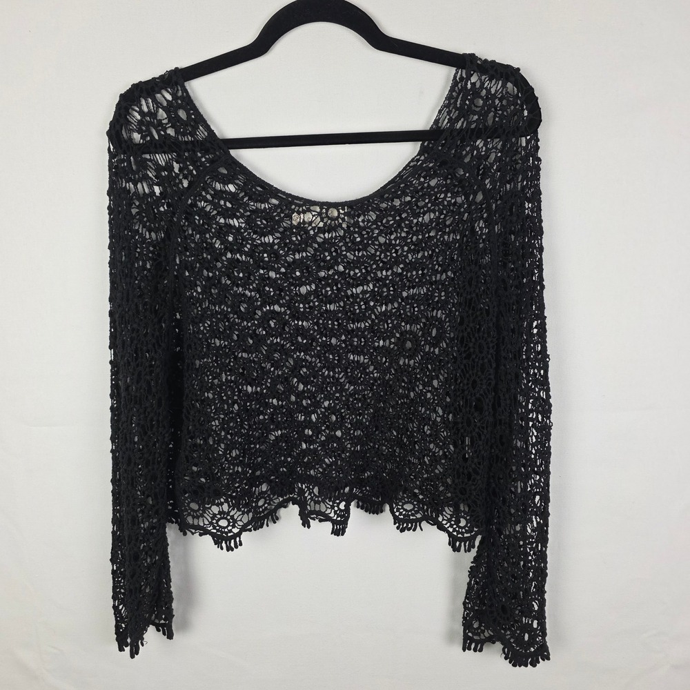 Mizumi Black Crochet Lace Long Sleeve Top Cotton Scalloped Fringe Boho‎ S/M